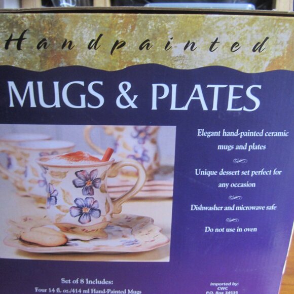 FLORAL MUGS & PLATE SET, CERAMIC HAND PAINTED DESSERT SET OF 4 - Picture 5 of 5